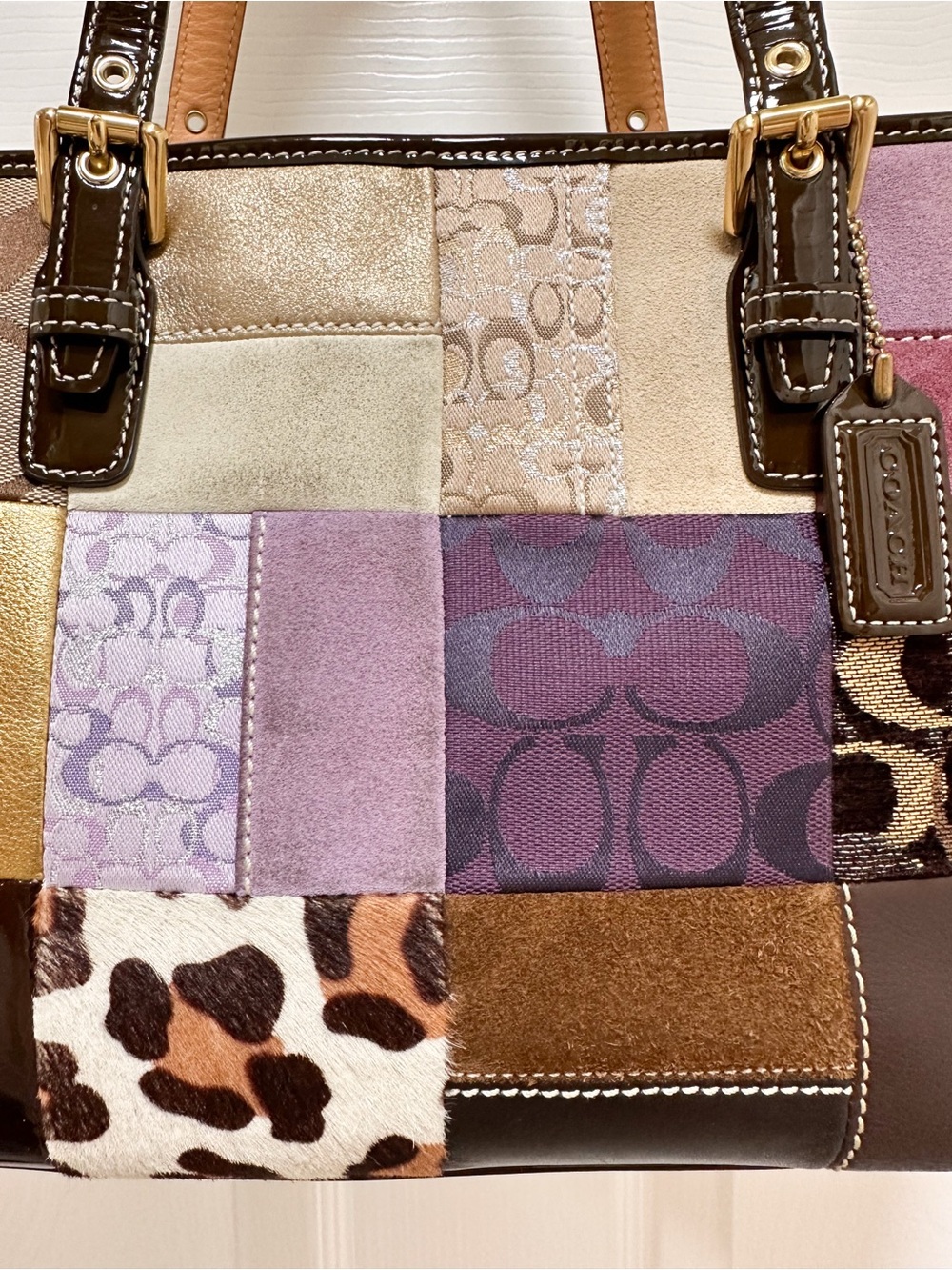 Coach Holiday Patchwork Tote Haircalf Suede Y2K Bag - Picture 16 of 17